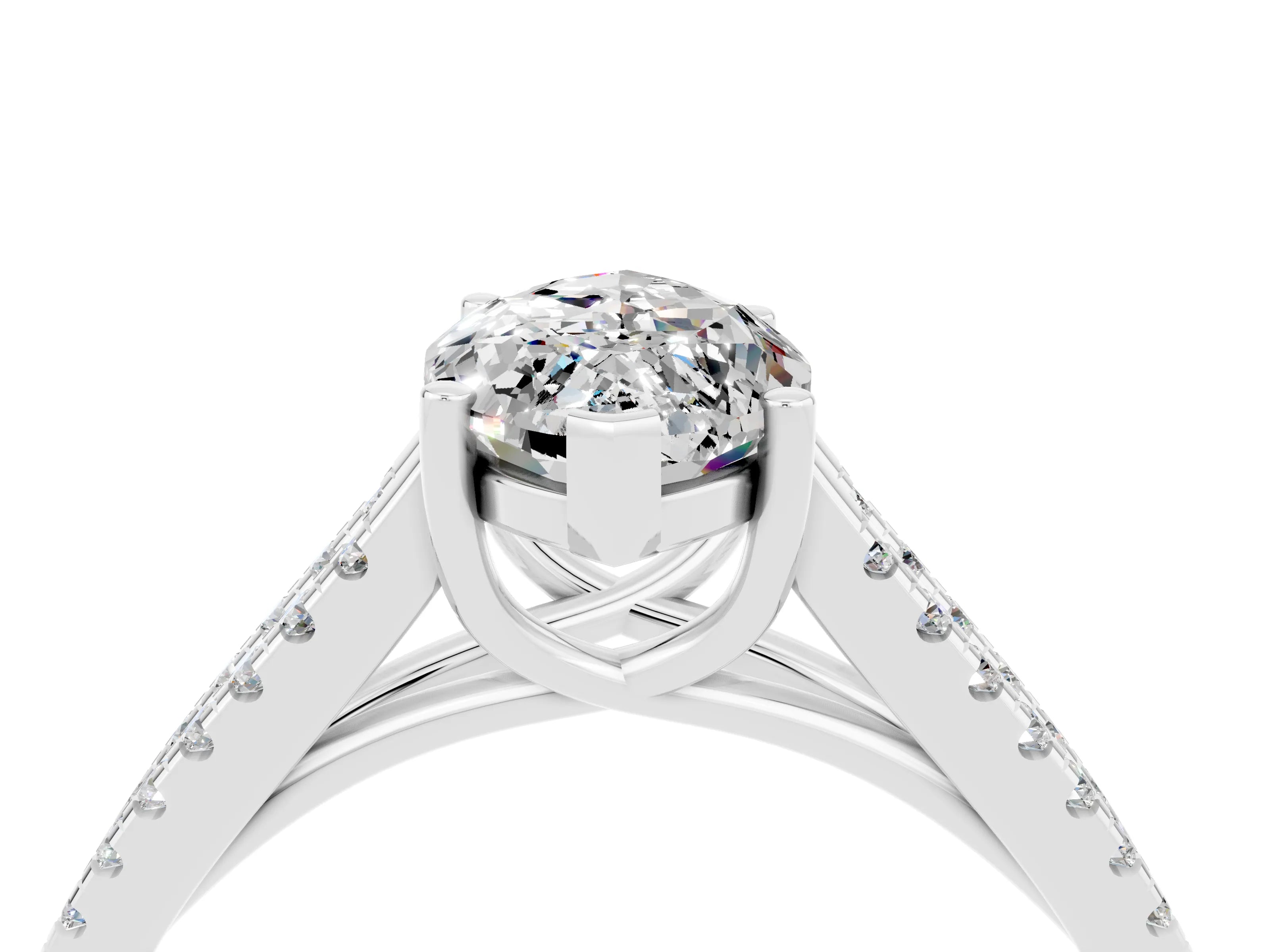 White gold Marquise Cut Moissanite Solitaire Engagement Ring with Split Shank Pavé Band_4