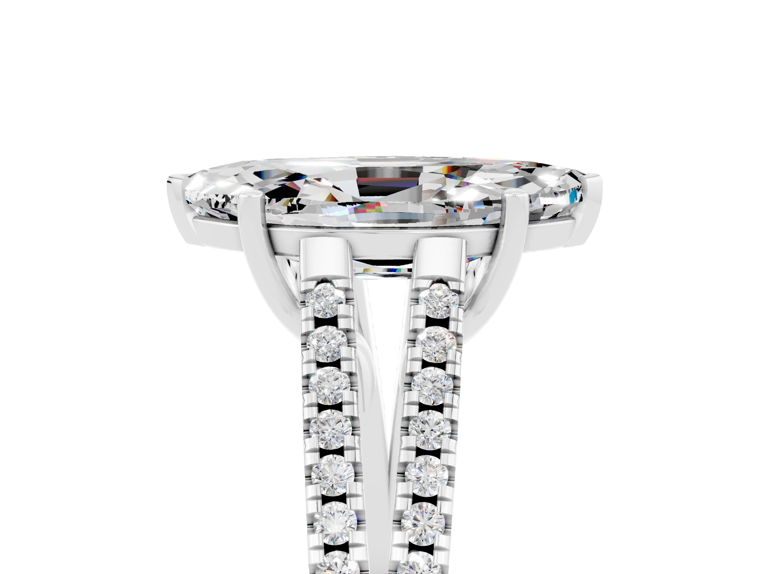 White gold Marquise Cut Moissanite Solitaire Engagement Ring with Split Shank Pavé Band_5
