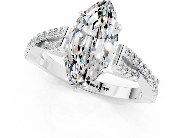 Platinum Marquise Cut Moissanite Solitaire Engagement Ring with Twisted Pavé Band and Four-Prong Setting
