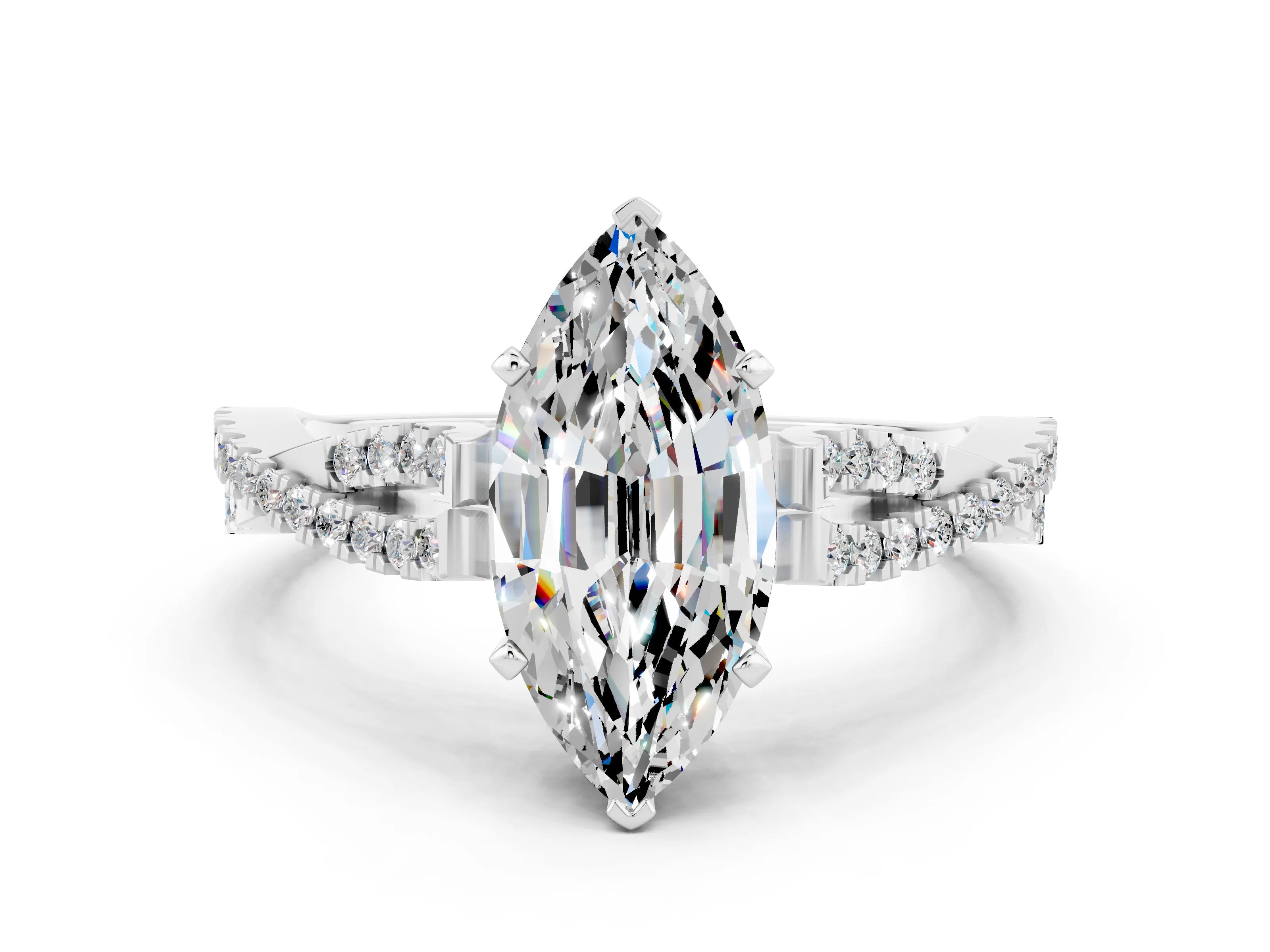 White gold Marquise Cut Moissanite Solitaire Engagement Ring with Twisted Pavé Band and Four-Prong Setting