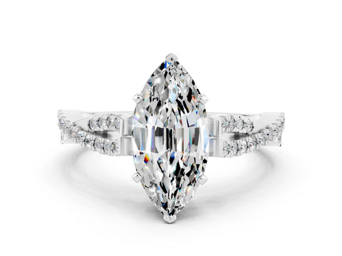 White gold Marquise Cut Moissanite Solitaire Engagement Ring with Twisted Pavé Band and Four-Prong Setting