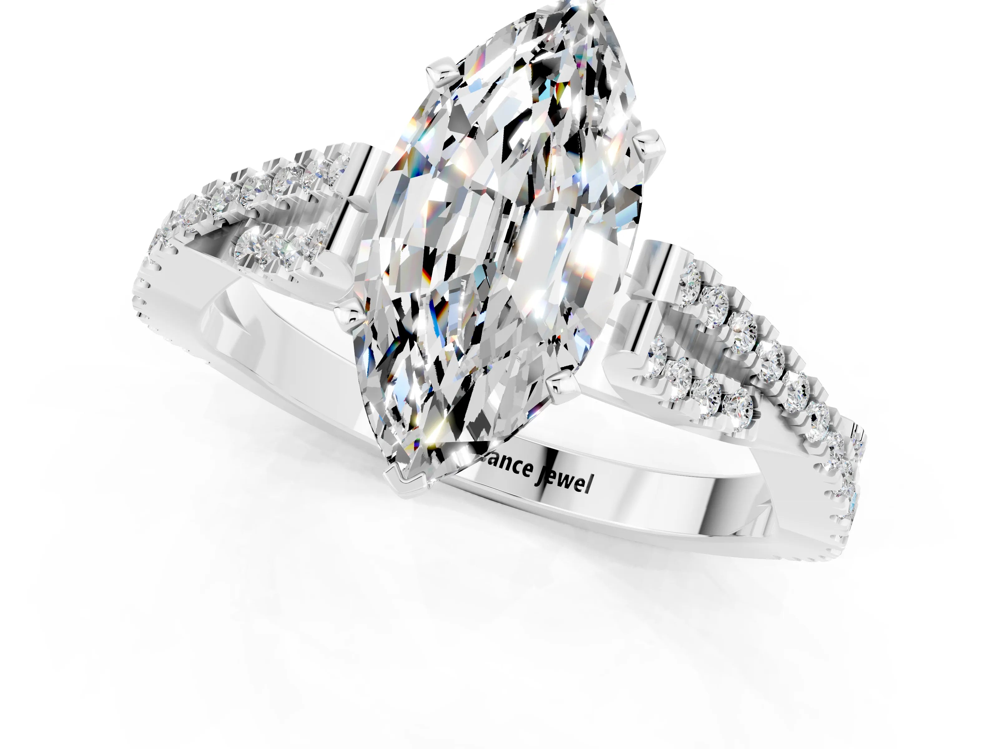 White gold Marquise Cut Moissanite Solitaire Engagement Ring with Twisted Pavé Band and Four-Prong Setting_1