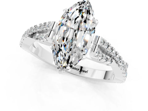 White gold Marquise Cut Moissanite Solitaire Engagement Ring with Twisted Pavé Band and Four-Prong Setting_1