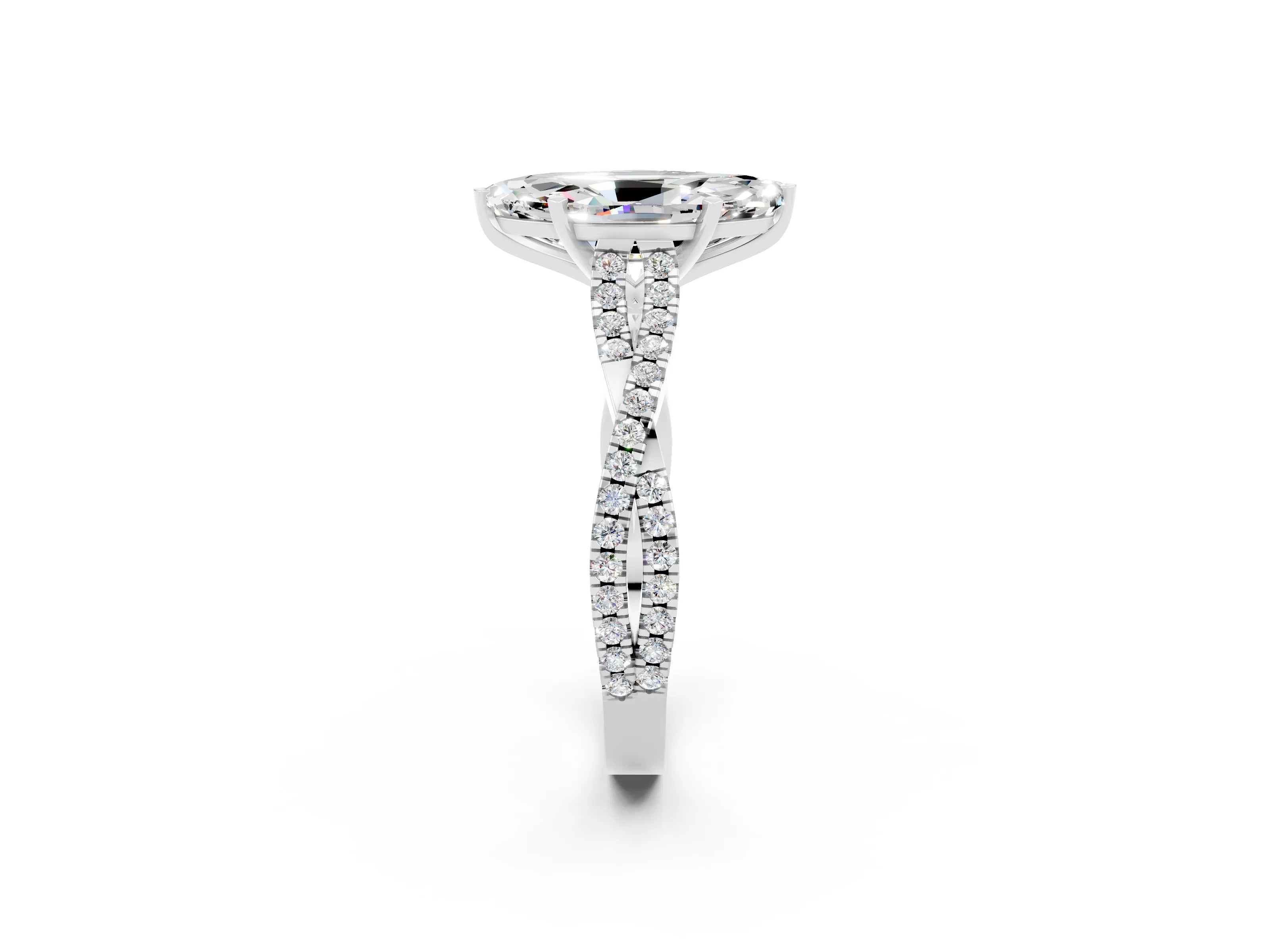 White gold Marquise Cut Moissanite Solitaire Engagement Ring with Twisted Pavé Band and Four-Prong Setting_2