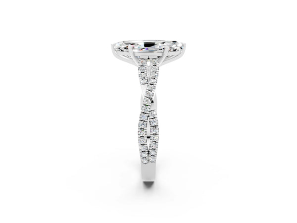 Silver Marquise Cut Moissanite Solitaire Engagement Ring with Twisted Pavé Band and Four-Prong Setting