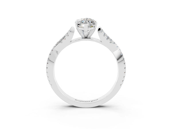 White gold Marquise Cut Moissanite Solitaire Engagement Ring with Twisted Pavé Band and Four-Prong Setting