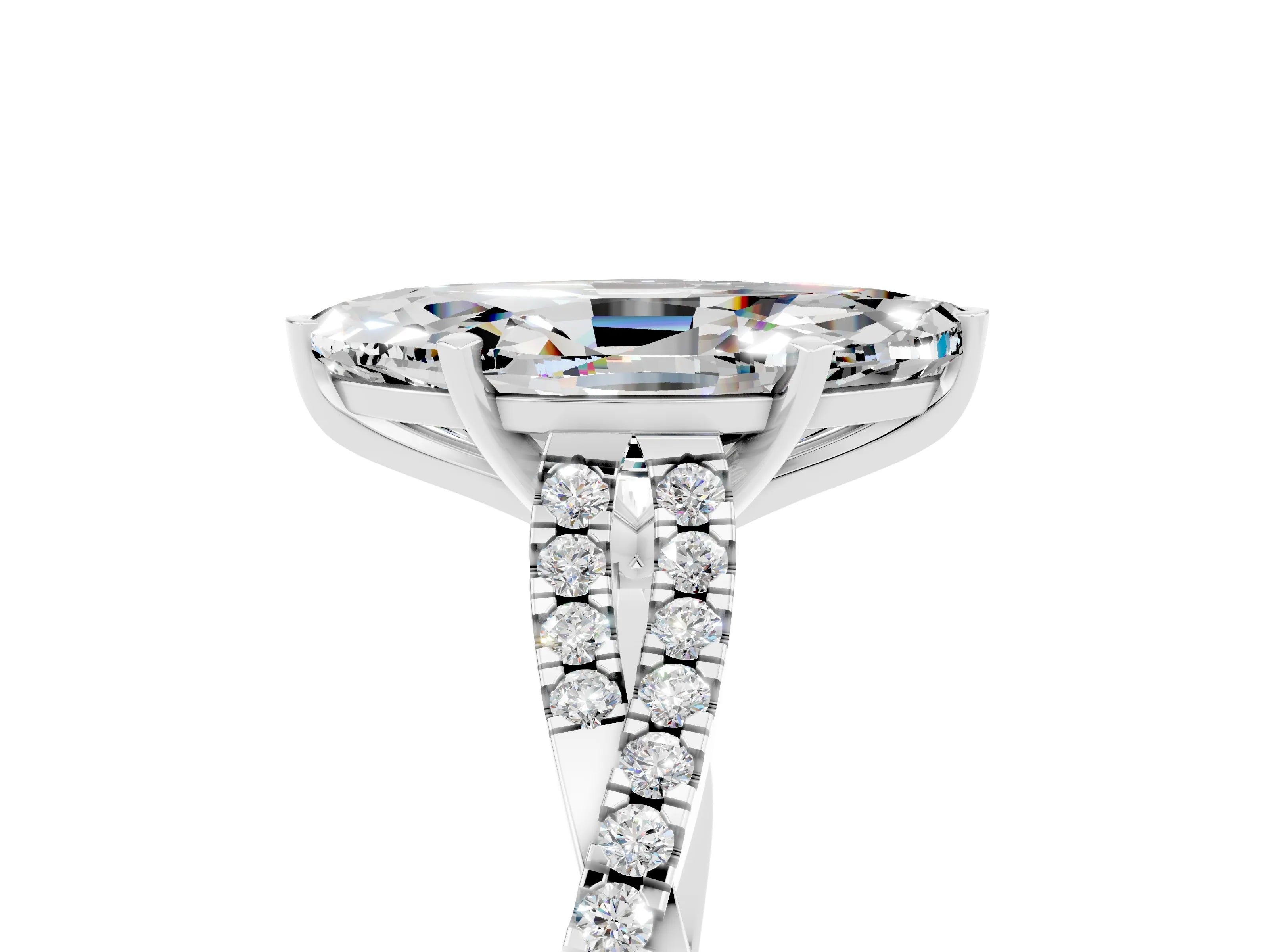 White gold Marquise Cut Moissanite Solitaire Engagement Ring with Twisted Pavé Band and Four-Prong Setting_5