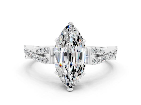 White gold Marquise Cut Moissanite Solitaire Engagement Ring with Twisted Pavé Band and Four-Prong Setting