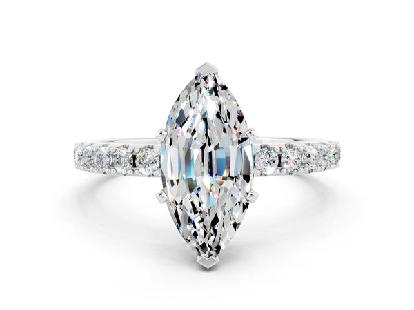 Platinum Marquise Cut Moissanite Solitaire Pavé Band with Four-Prong Setting