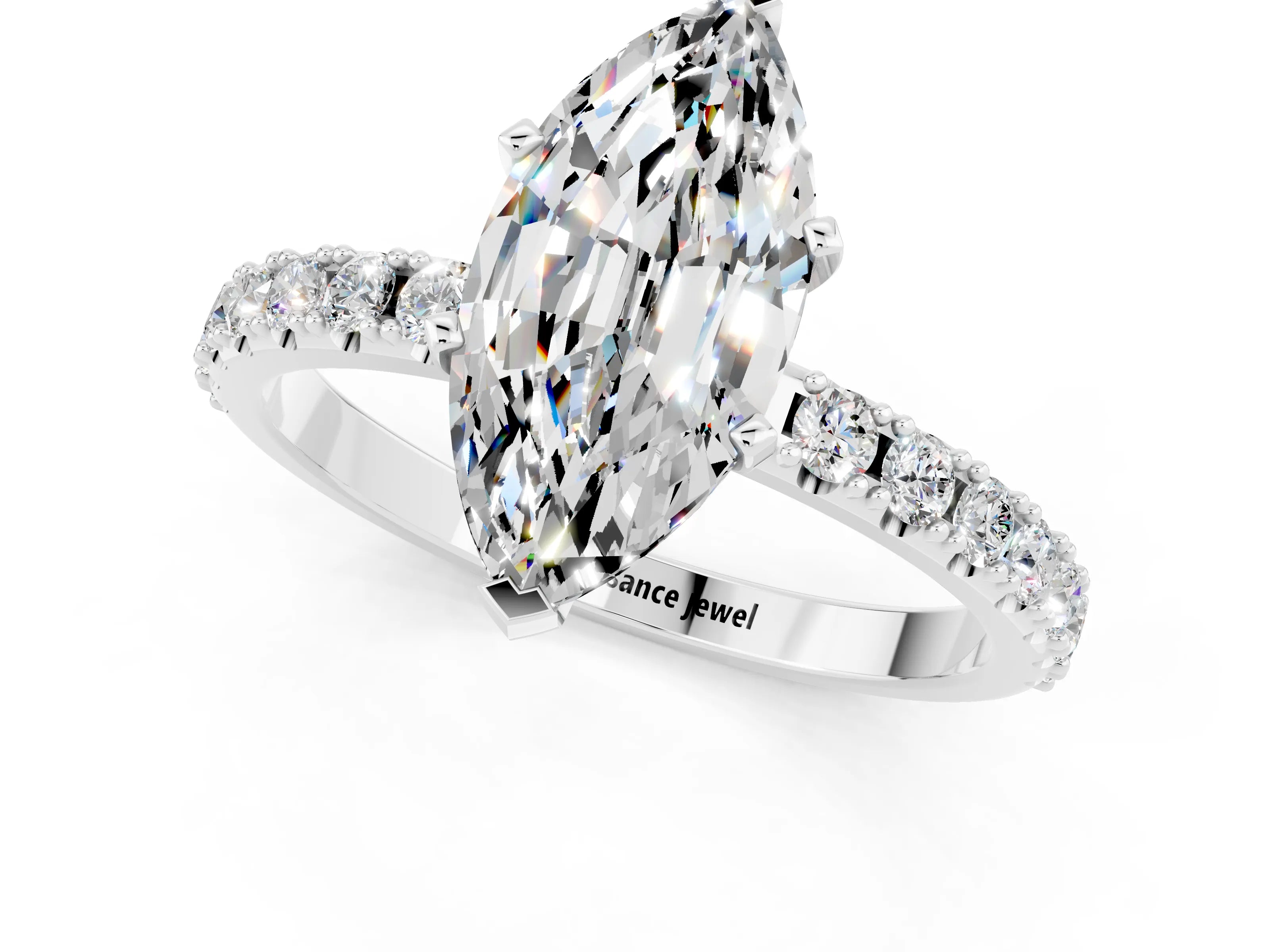 White gold Marquise Cut Moissanite Solitaire Pavé Band with Four-Prong Setting_1