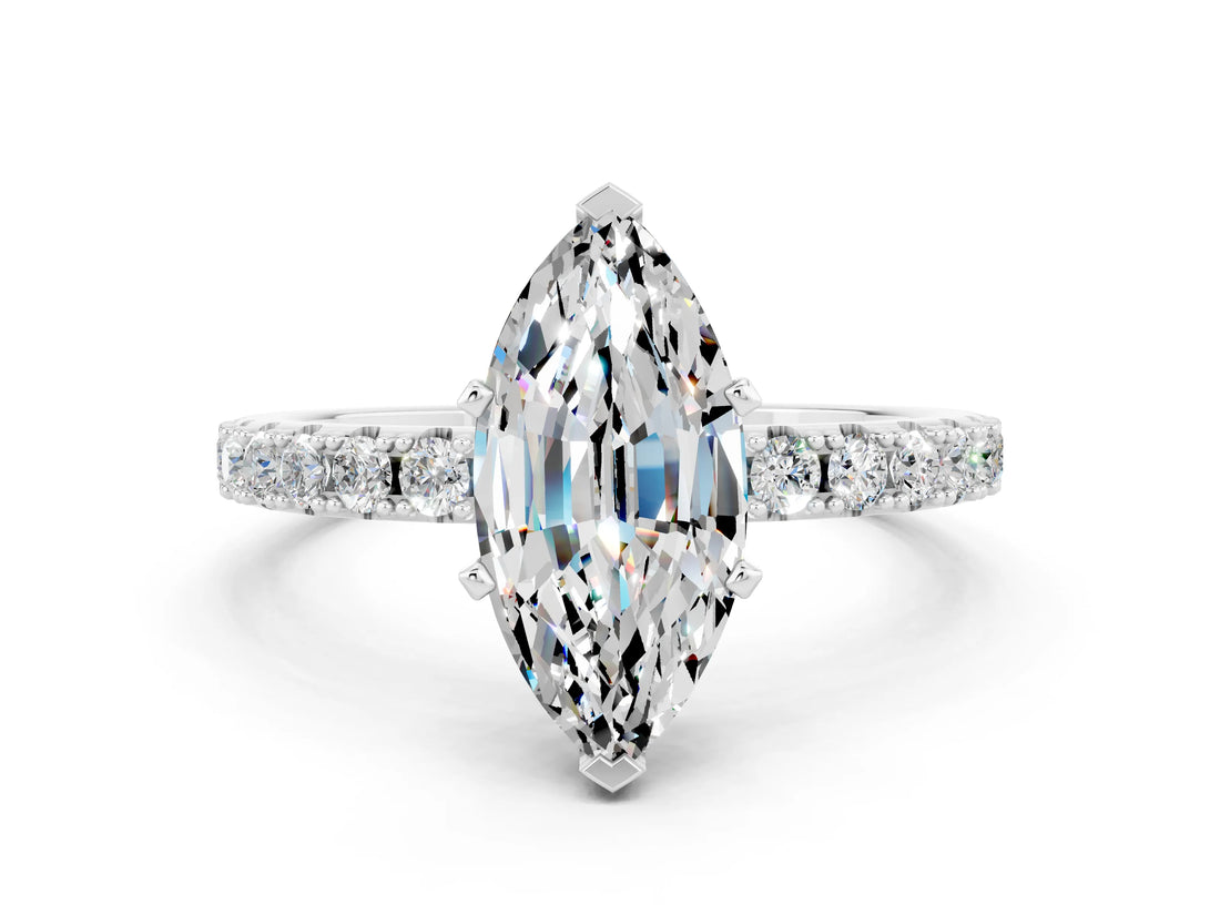 White gold Marquise Cut Moissanite Solitaire Pavé Band with Four-Prong Setting
