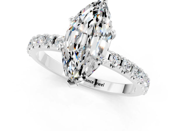Silver Marquise Cut Moissanite Solitaire Pavé Band with Four-Prong Setting