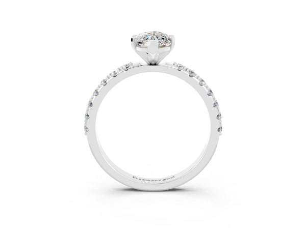 Platinum Marquise Cut Moissanite Solitaire Pavé Band with Four-Prong Setting