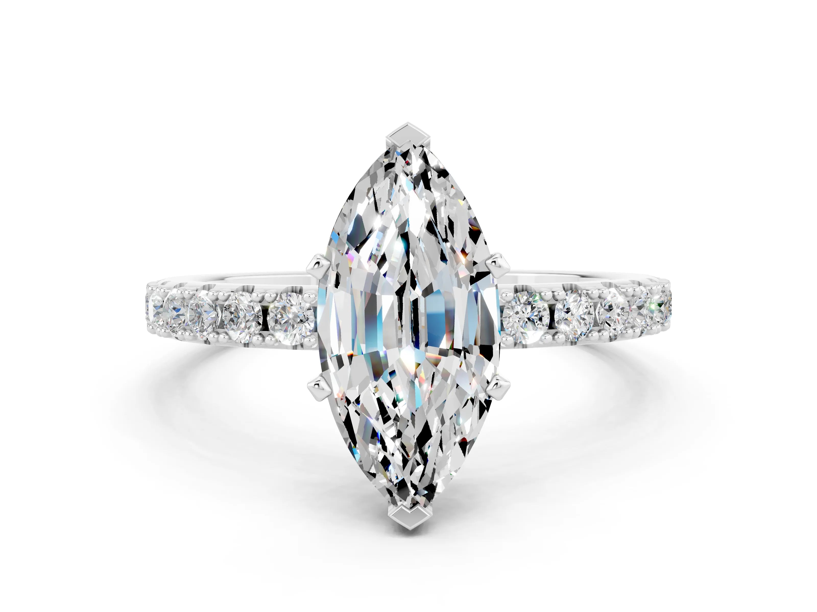 White gold Marquise Cut Moissanite Solitaire Pavé Band with Four-Prong Setting