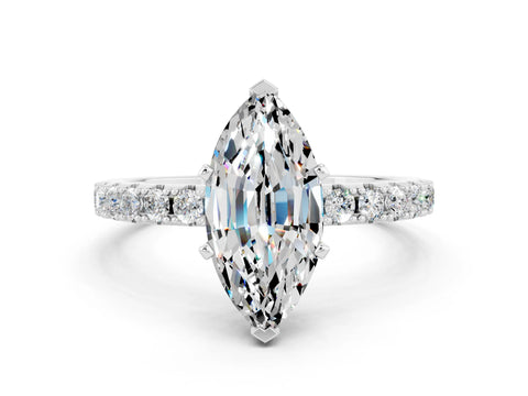 White gold Marquise Cut Moissanite Solitaire Pavé Band with Four-Prong Setting