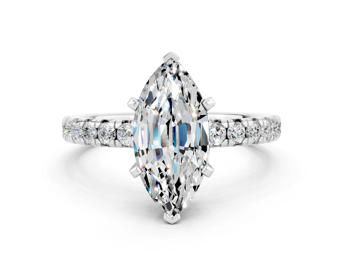 White gold Marquise Cut Moissanite Solitaire Pavé Engagement Ring with Four-Prong Setting_12