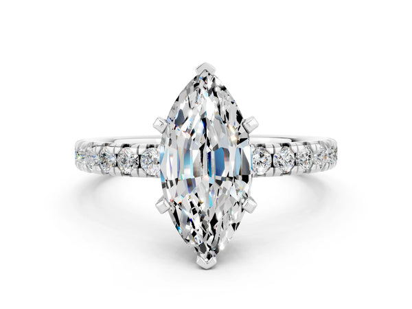 Silver Marquise Cut Moissanite Solitaire Pavé Engagement Ring with Round Band and Prong Setting