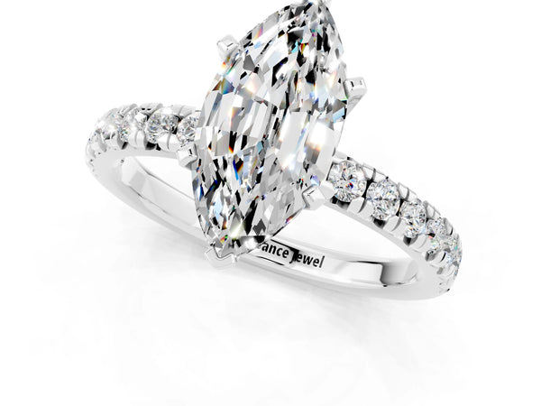 Platinum Marquise Cut Moissanite Solitaire Pavé Engagement Ring with Round Band and Prong Setting