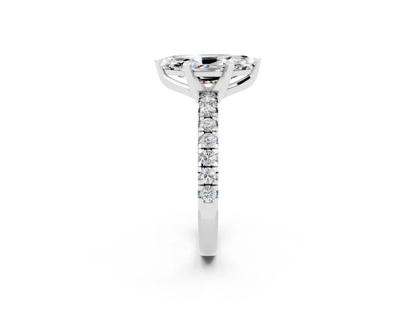 White gold Marquise Cut Moissanite Solitaire Pavé Engagement Ring with Round Band and Prong Setting