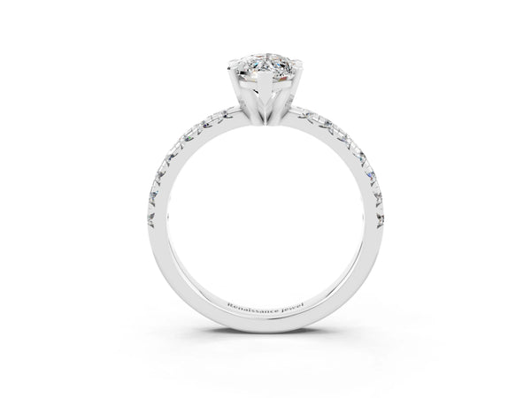 Silver Marquise Cut Moissanite Solitaire Pavé Engagement Ring with Round Band and Prong Setting