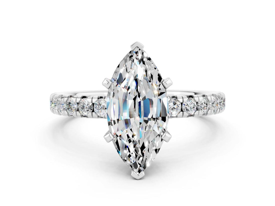 White gold Marquise Cut Moissanite Solitaire Pavé Engagement Ring with Round Band and Prong Setting_90