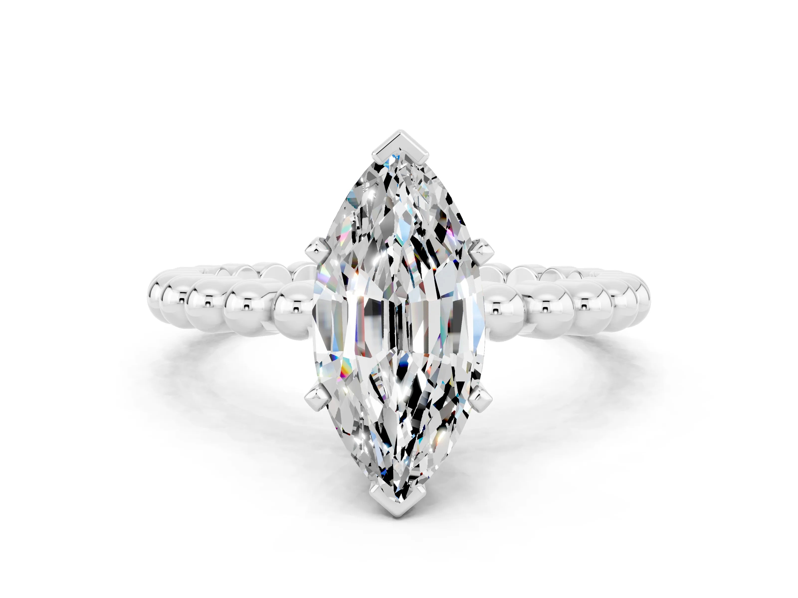 White gold Marquise Cut Moissanite Solitaire Ring with Beaded Band and Prong Setting_24