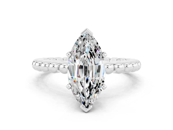 Silver Marquise Cut Moissanite Solitaire Ring with Beaded Band and Prong Setting