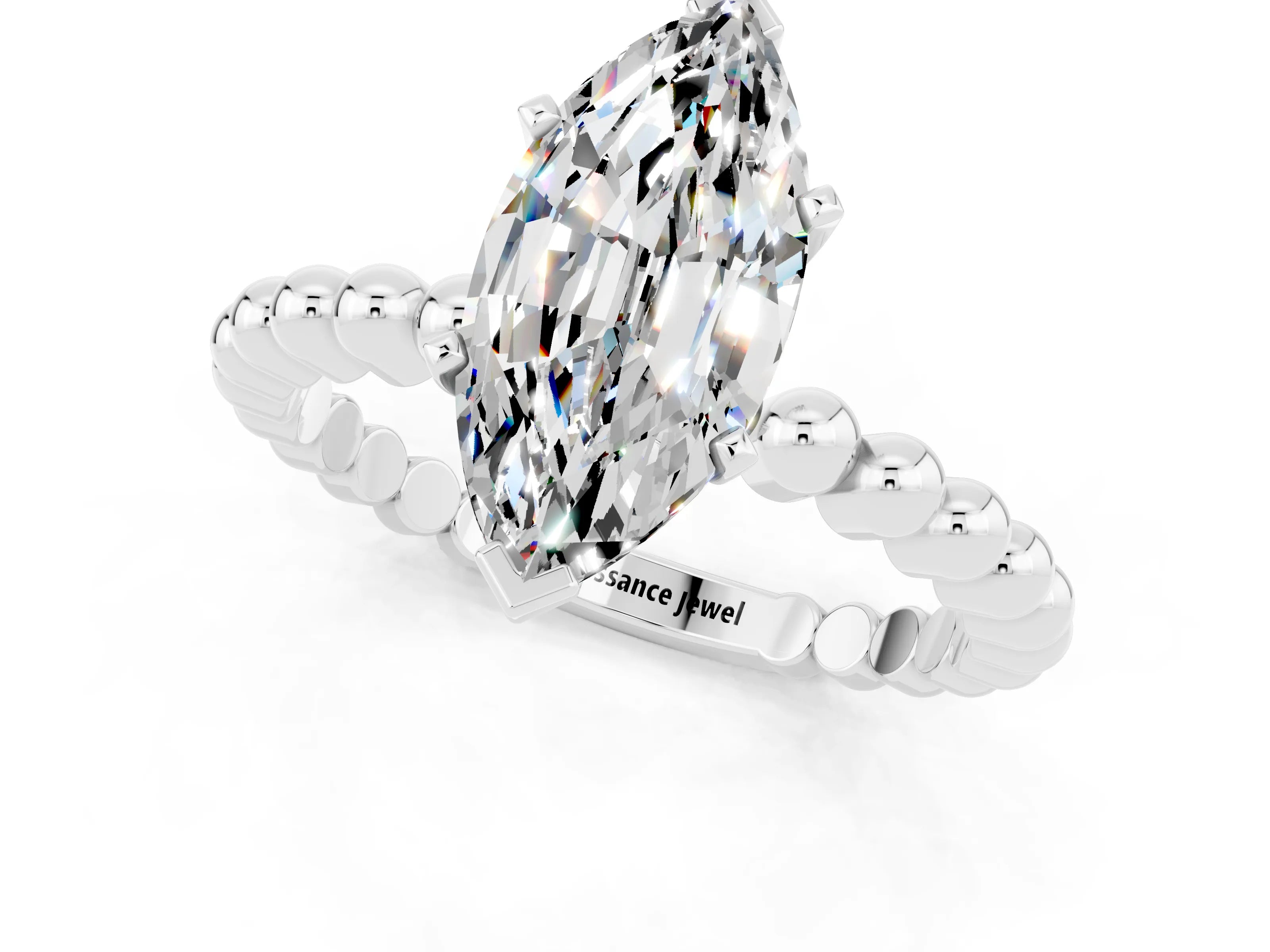 White gold Marquise Cut Moissanite Solitaire Ring with Beaded Band and Prong Setting_25