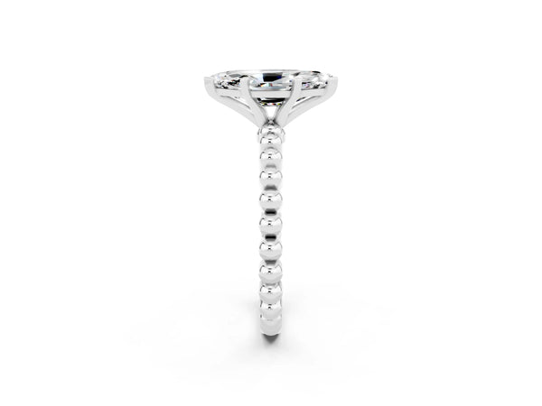 Platinum Marquise Cut Moissanite Solitaire Ring with Beaded Band and Prong Setting