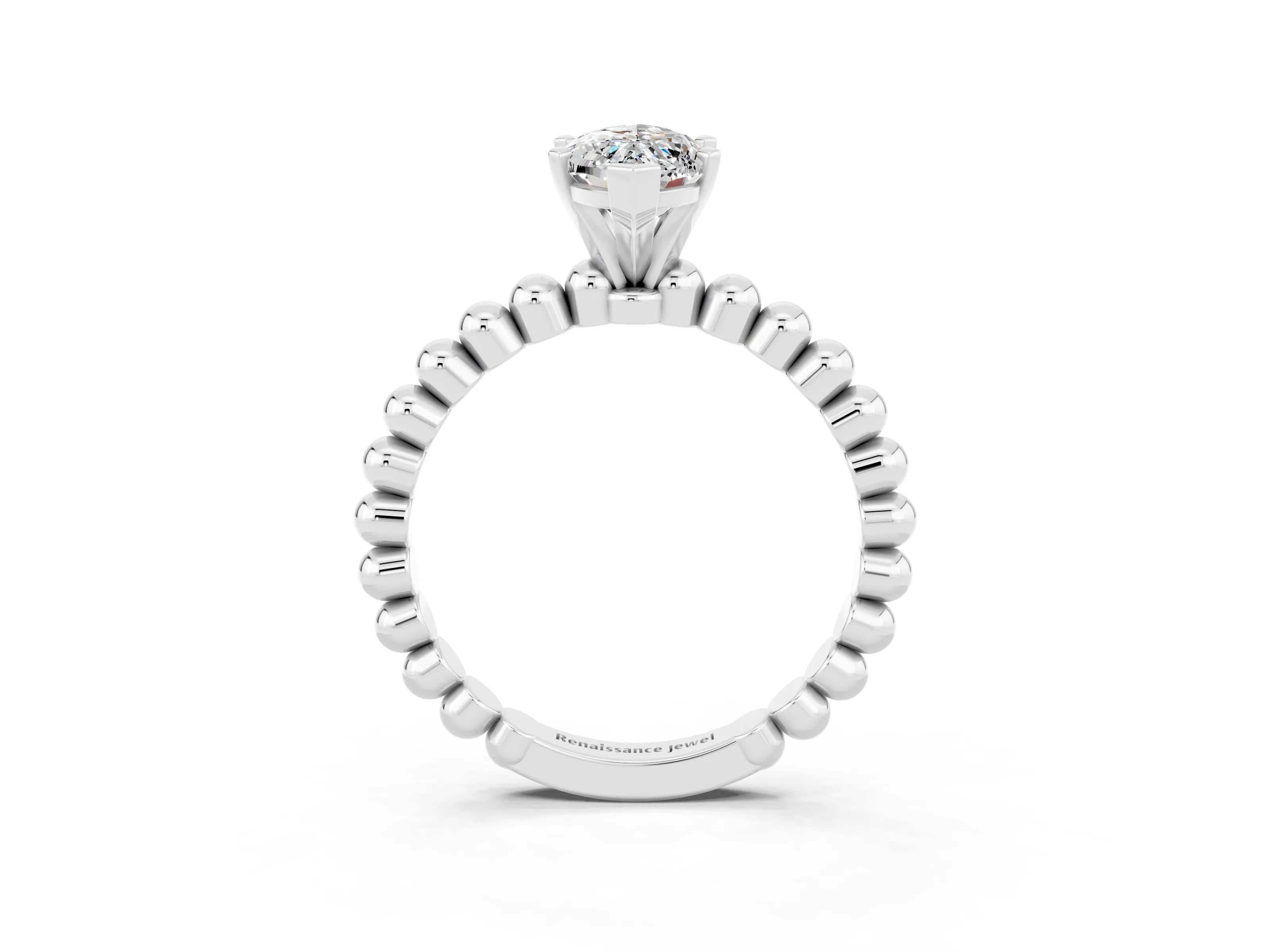 White gold Marquise Cut Moissanite Solitaire Ring with Beaded Band and Prong Setting_27