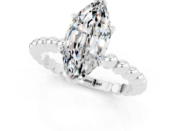 White gold Marquise Cut Moissanite Solitaire Ring with Beaded Band and Prong Setting