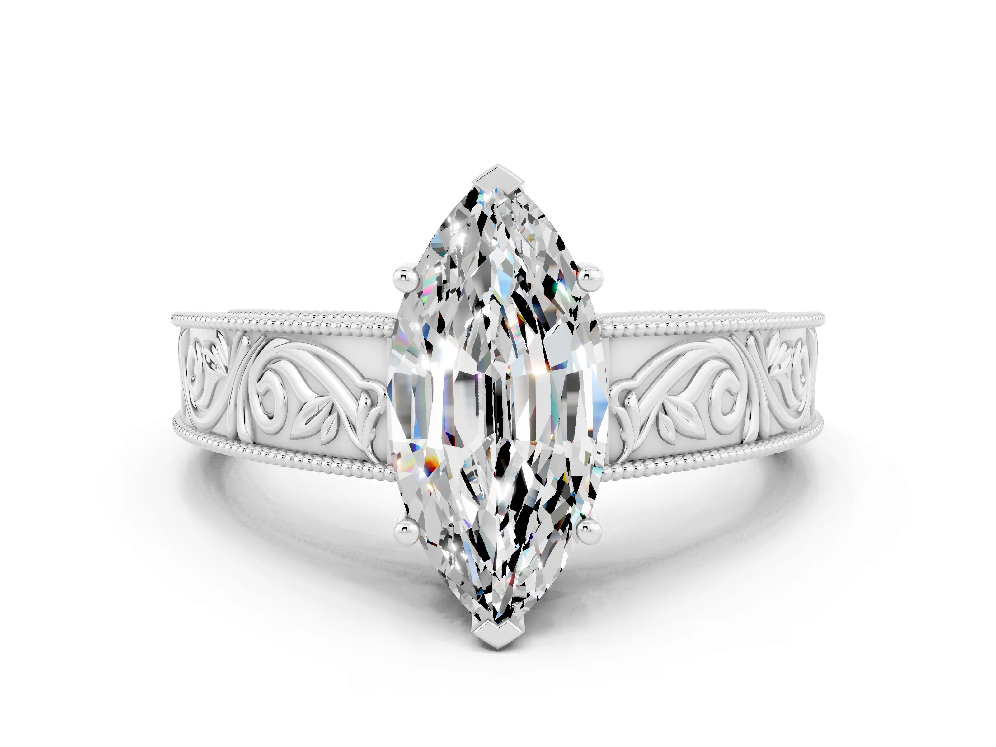 White gold Marquise Cut Moissanite Solitaire Ring with Engraved Band and Four-Prong Setting