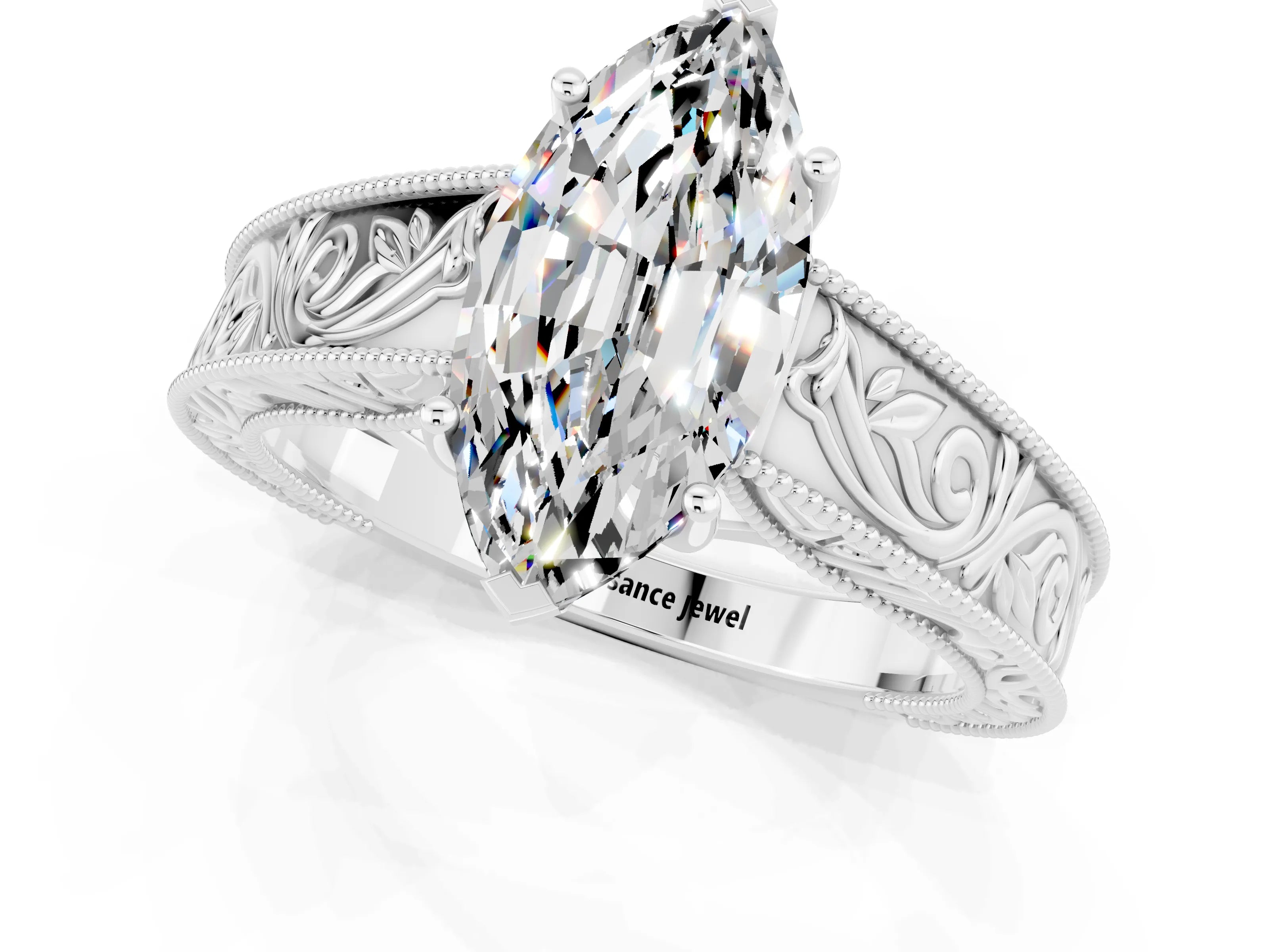 White gold Marquise Cut Moissanite Solitaire Ring with Engraved Band and Four-Prong Setting_1
