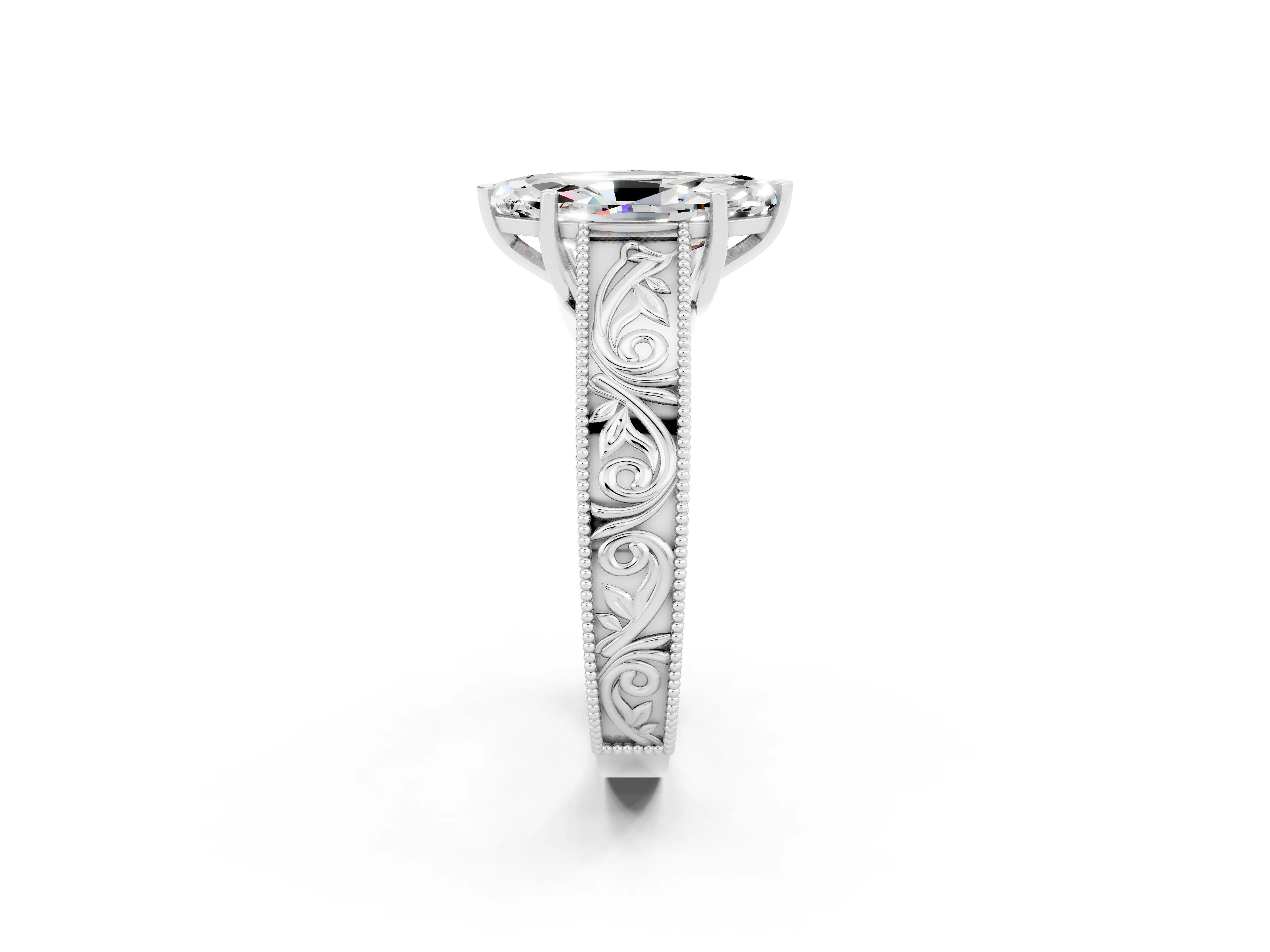 White gold Marquise Cut Moissanite Solitaire Ring with Engraved Band and Four-Prong Setting_2