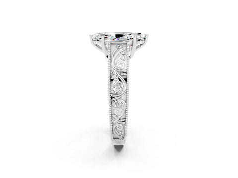 White gold Marquise Cut Moissanite Solitaire Ring with Engraved Band and Four-Prong Setting_2