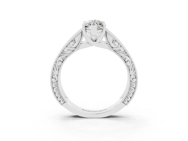 Platinum Marquise Cut Moissanite Solitaire Ring with Engraved Band and Four-Prong Setting