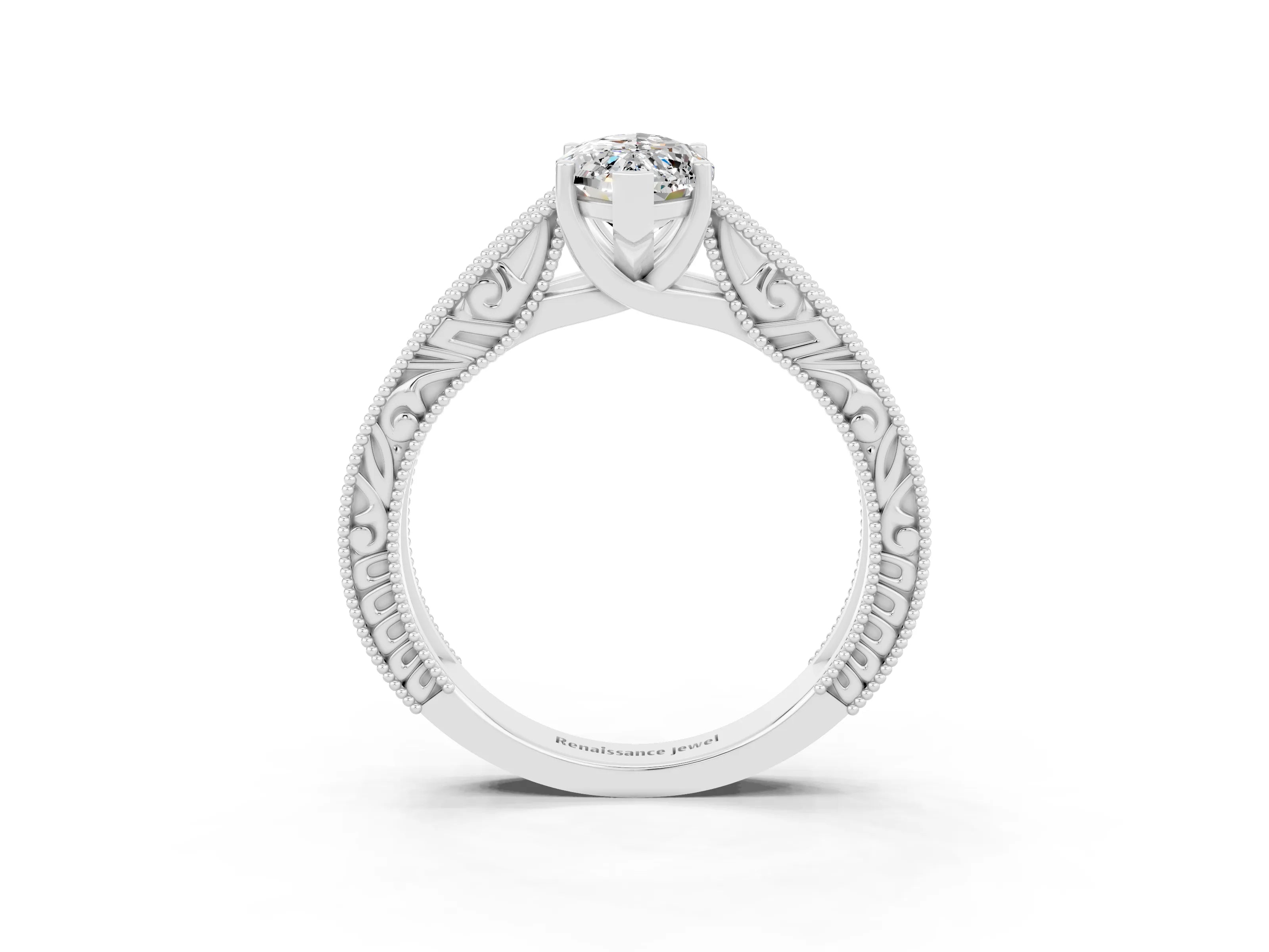 White gold Marquise Cut Moissanite Solitaire Ring with Engraved Band and Four-Prong Setting_3