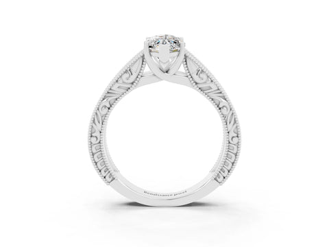 White gold Marquise Cut Moissanite Solitaire Ring with Engraved Band and Four-Prong Setting_3