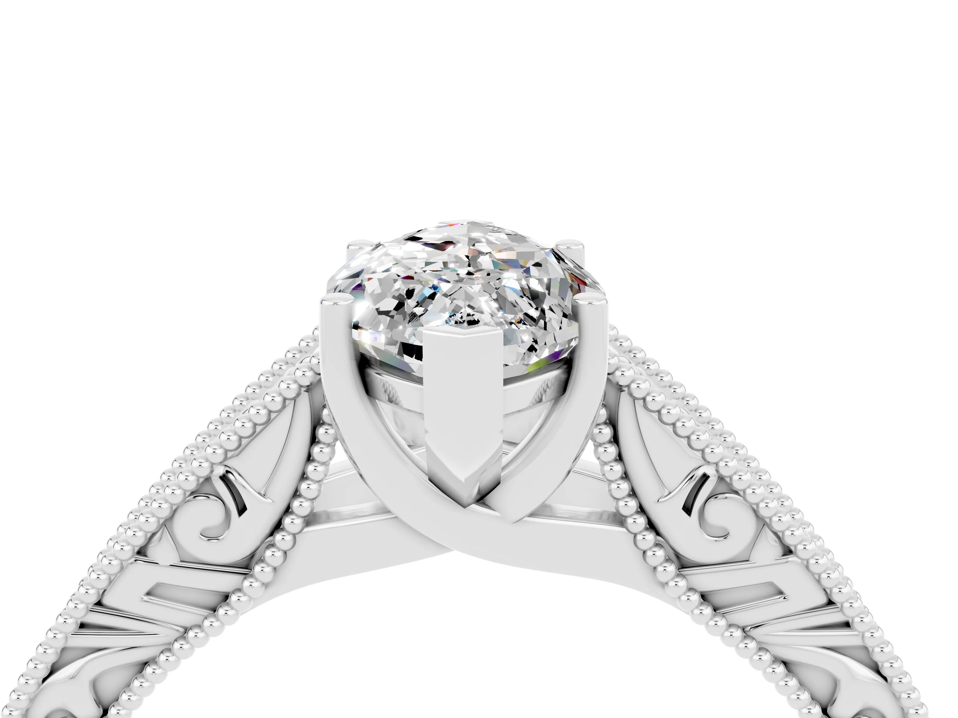 White gold Marquise Cut Moissanite Solitaire Ring with Engraved Band and Four-Prong Setting_4