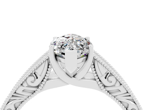 White gold Marquise Cut Moissanite Solitaire Ring with Engraved Band and Four-Prong Setting_4