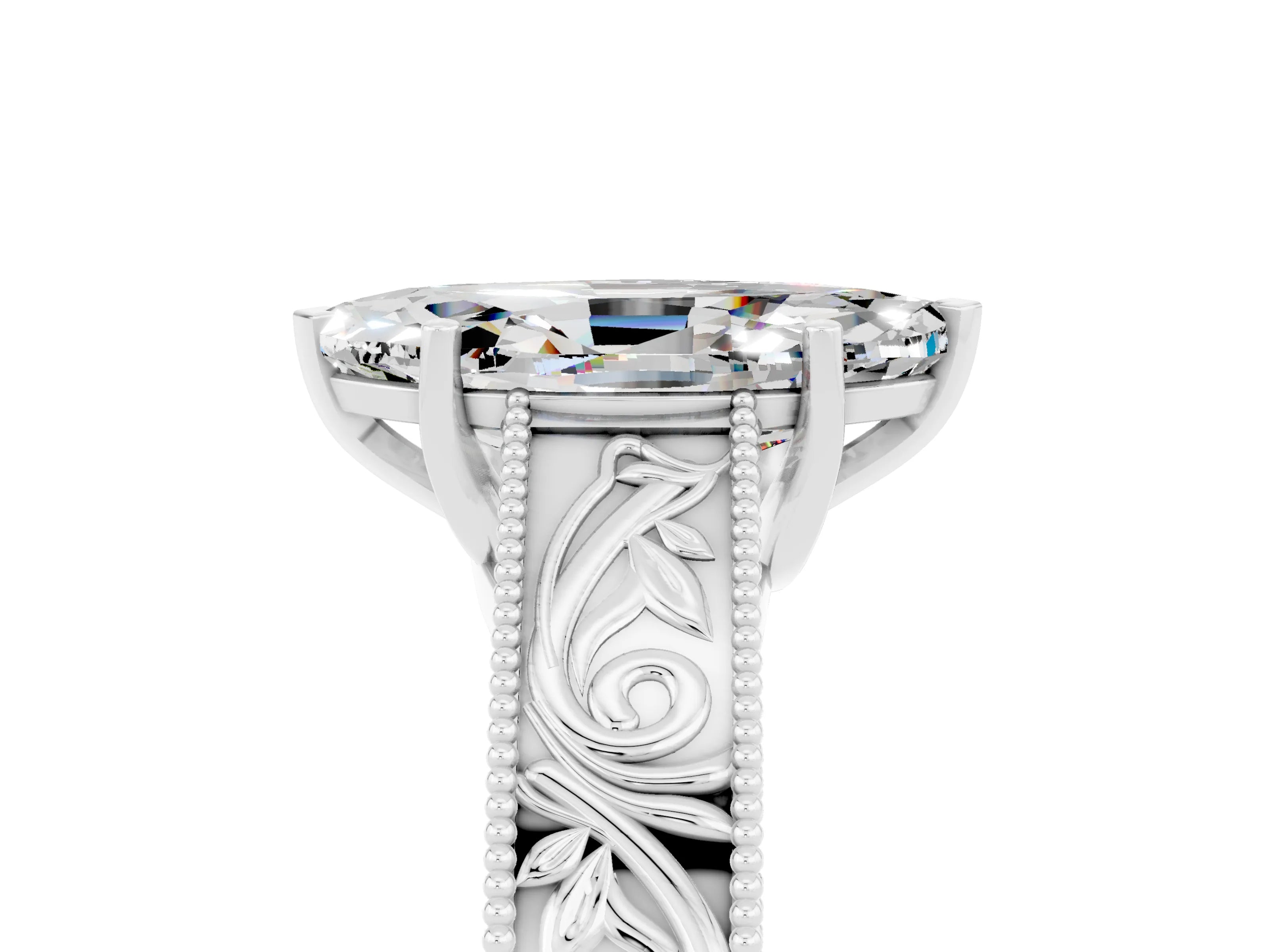 White gold Marquise Cut Moissanite Solitaire Ring with Engraved Band and Four-Prong Setting_5