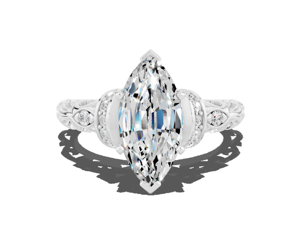 Platinum Marquise Cut Moissanite Solitaire Ring with Filigree Band and Four-Prong Setting