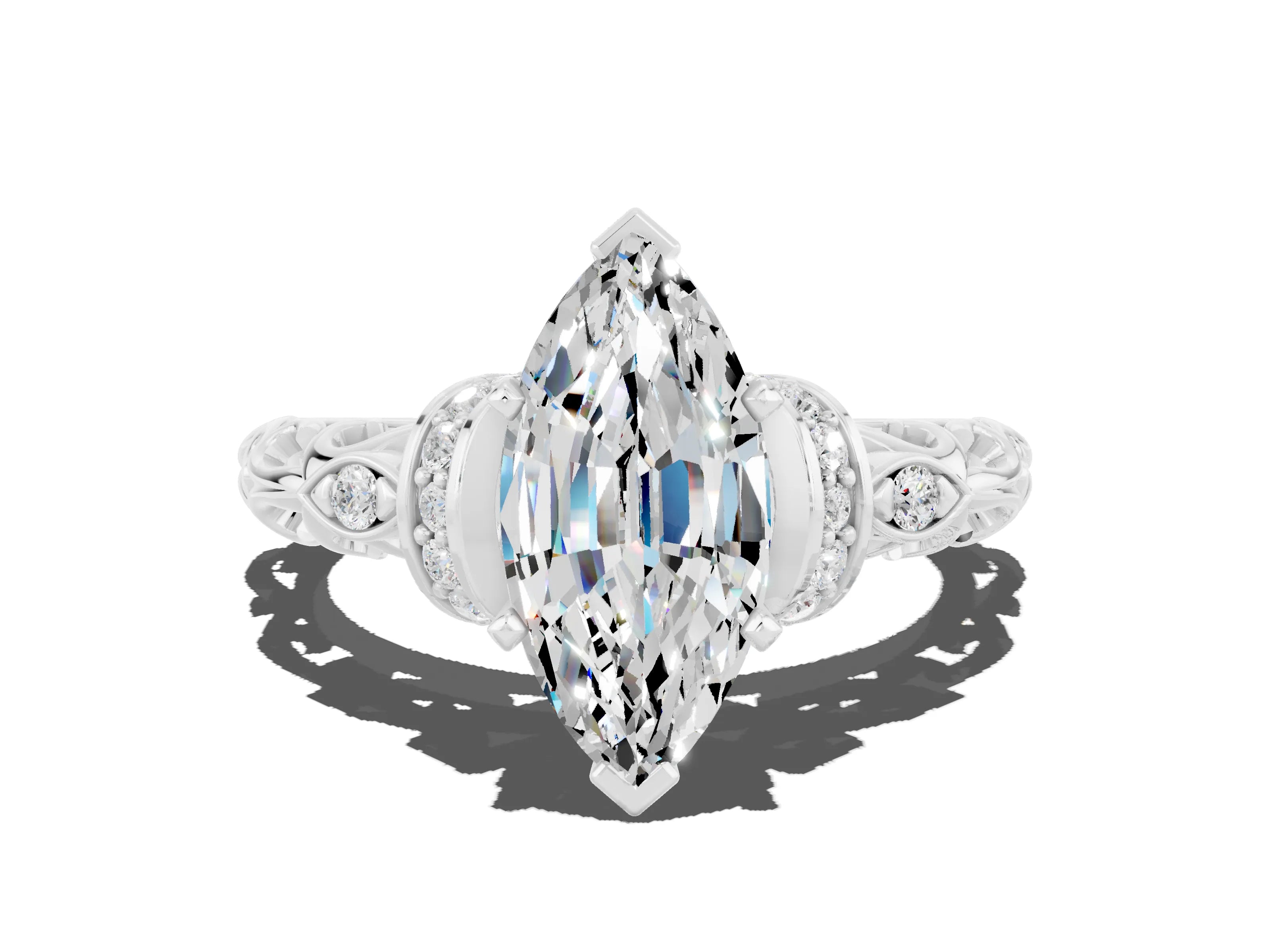 White gold Marquise Cut Moissanite Solitaire Ring with Filigree Band and Four-Prong Setting_24