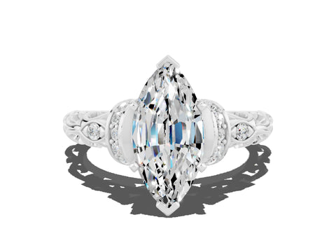 White gold Marquise Cut Moissanite Solitaire Ring with Filigree Band and Four-Prong Setting_24