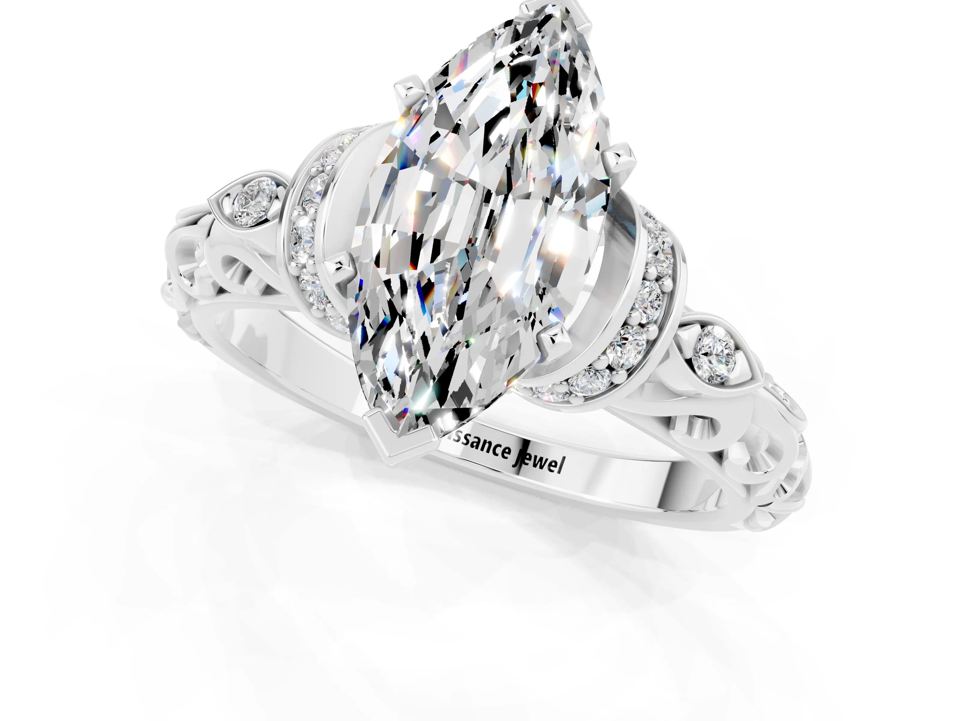 White gold Marquise Cut Moissanite Solitaire Ring with Filigree Band and Four-Prong Setting_25