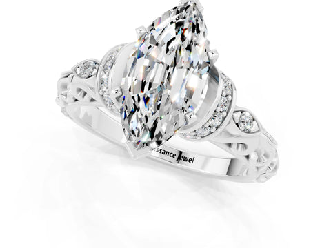 White gold Marquise Cut Moissanite Solitaire Ring with Filigree Band and Four-Prong Setting_25