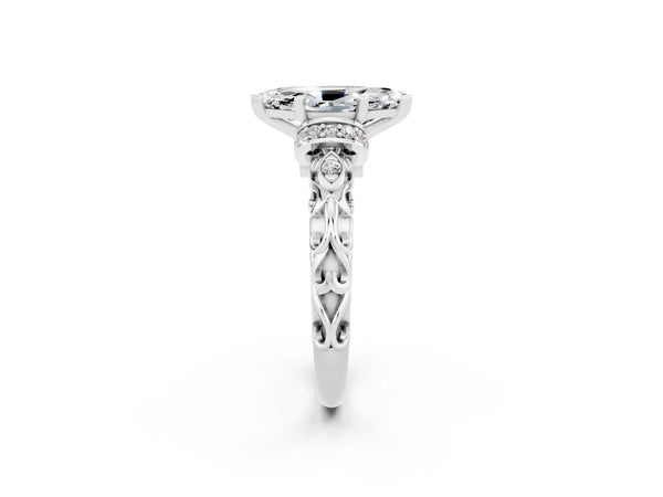 Platinum Marquise Cut Moissanite Solitaire Ring with Filigree Band and Four-Prong Setting