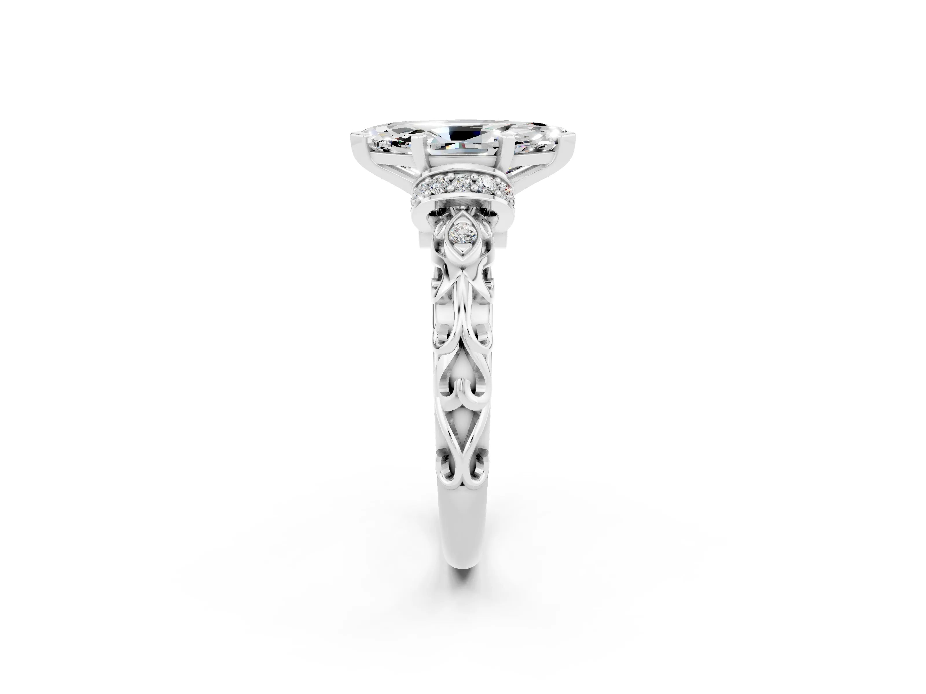 White gold Marquise Cut Moissanite Solitaire Ring with Filigree Band and Four-Prong Setting_26