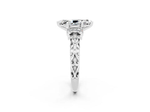 White gold Marquise Cut Moissanite Solitaire Ring with Filigree Band and Four-Prong Setting_26