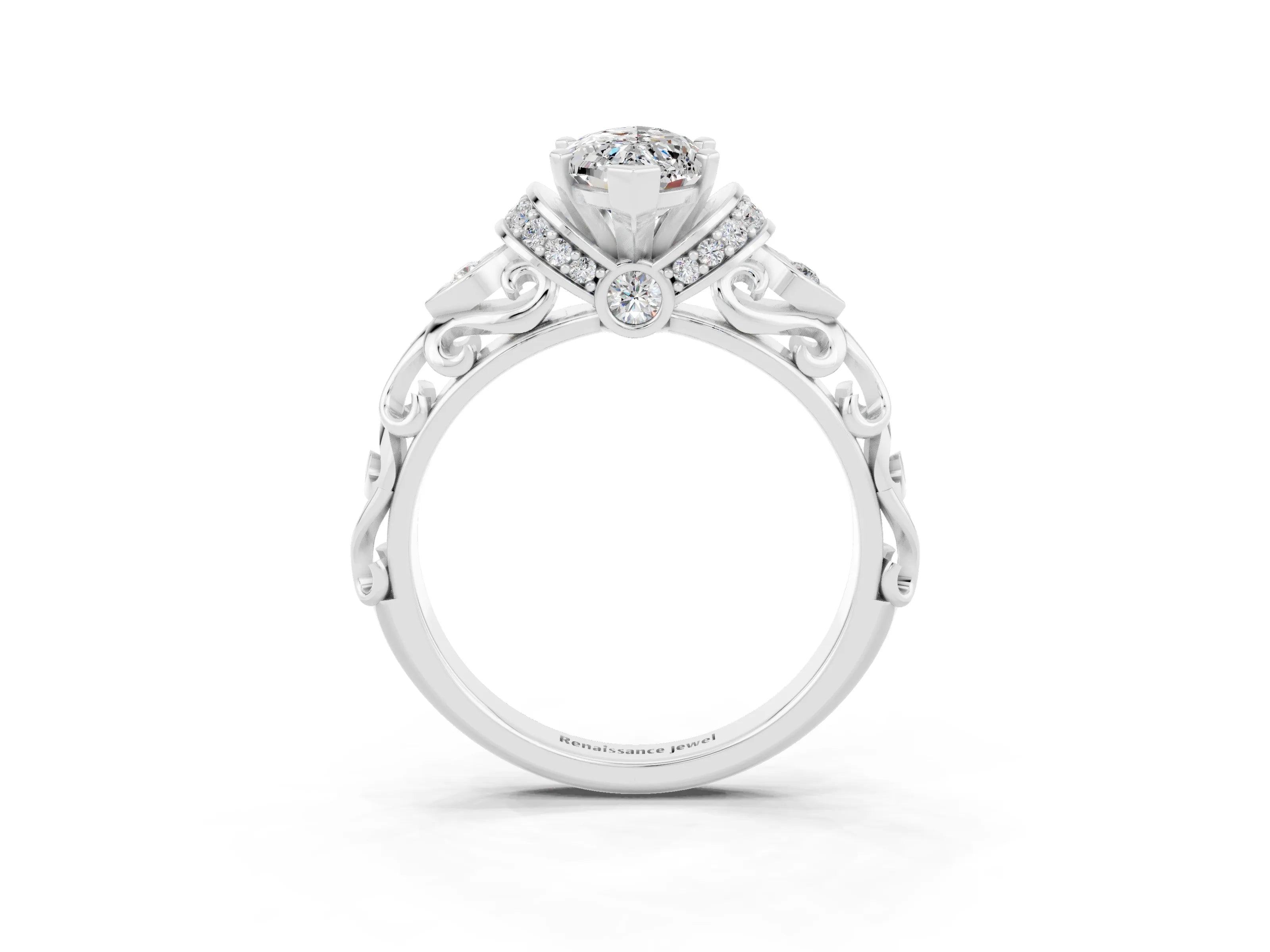 White gold Marquise Cut Moissanite Solitaire Ring with Filigree Band and Four-Prong Setting_27